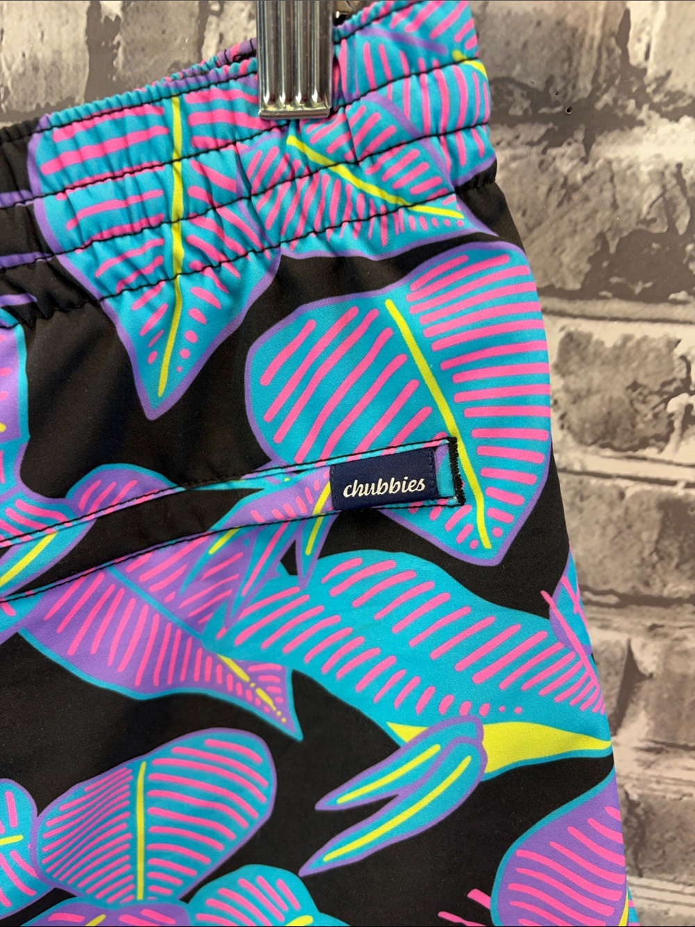 chubbies Black Swim Shorts with Purple, Blue & Teal Tropical Leaf Print